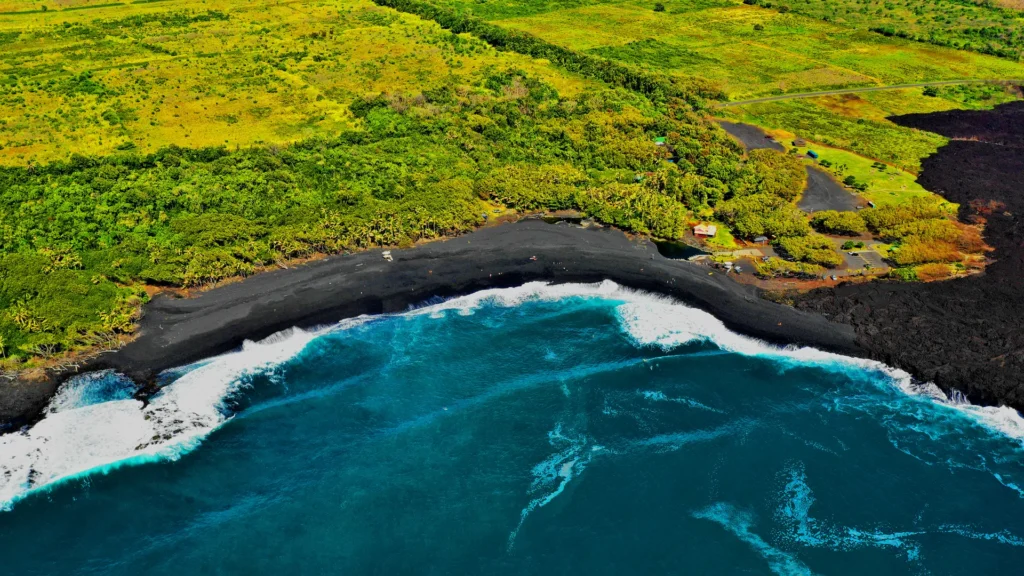 aerial view of phoiki black sand beach in pahoa big island
