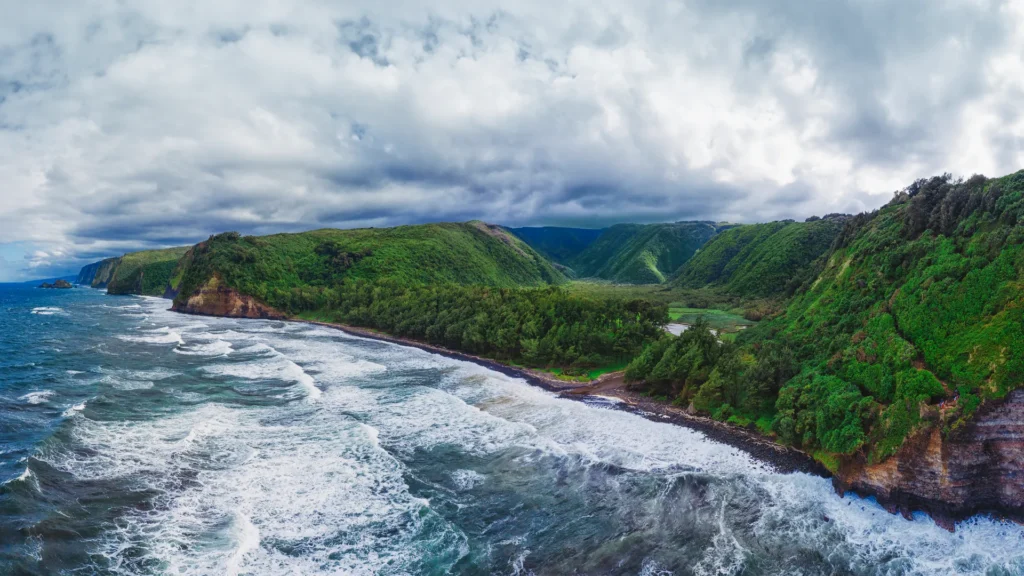 aerial view of waipio valley bay beach in honokaa on the hamakua coast of the big island