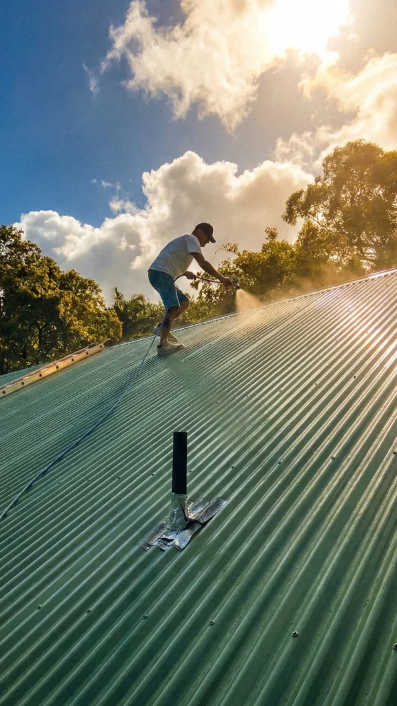 painter billy ricci spraying paint on an industrial building roof