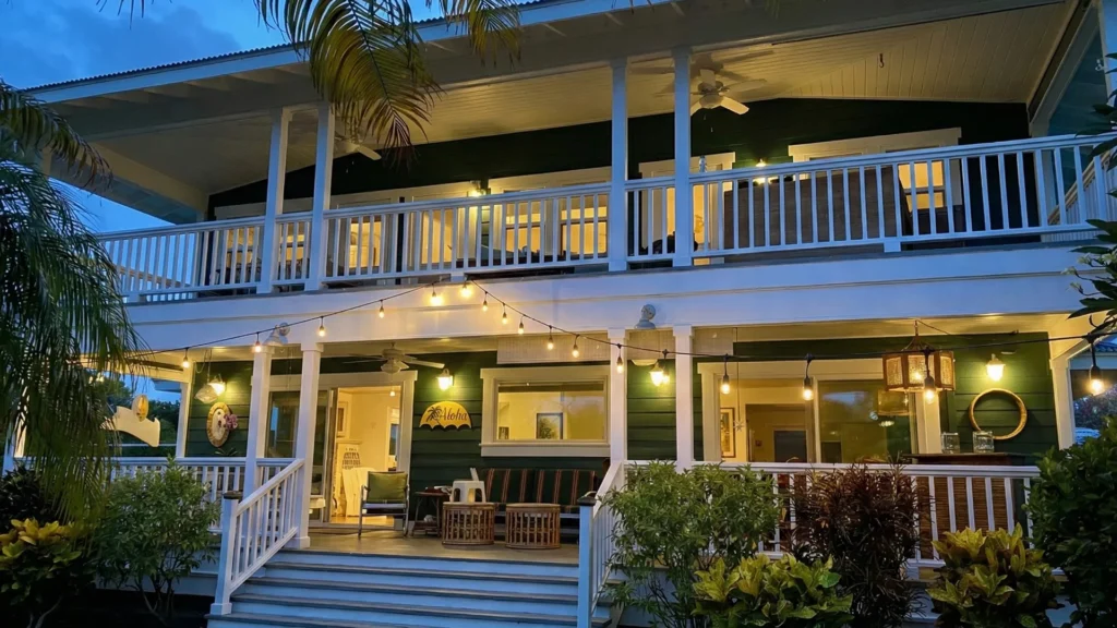 blue hour photograph of the entrance to american cooking home on the big island