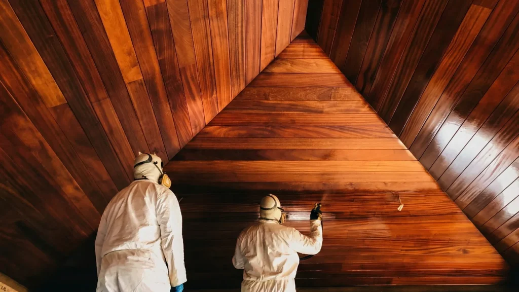 two painters staining wood in a luxury kukio estate on the big island of hawaii