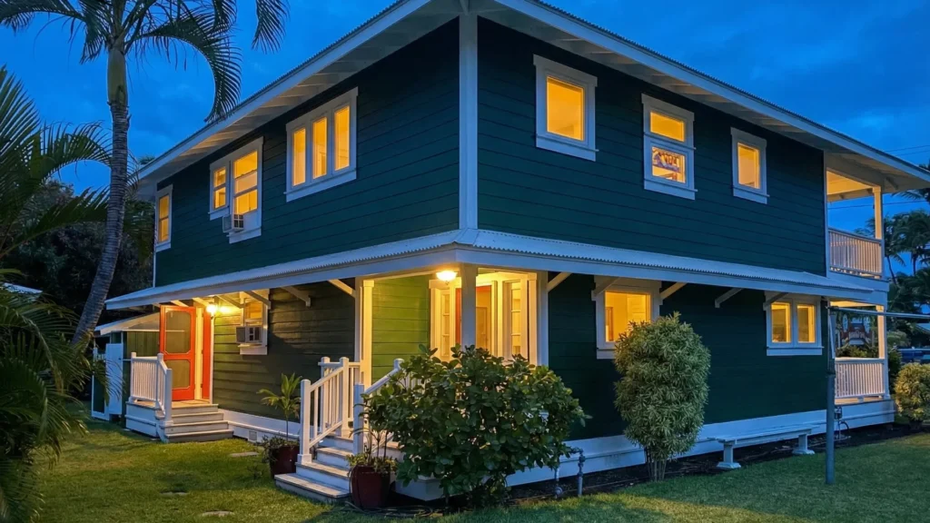 blue hour photograph of the exterior of american cooking residence on the big island