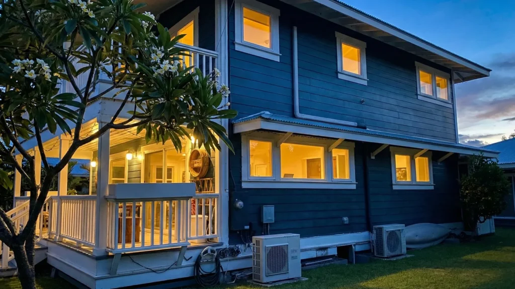 blue hour photograph of an exterior painting job for american cooking big island