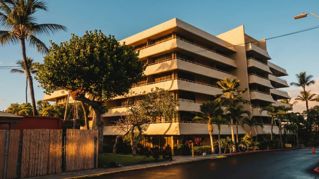 exterior of the newly painted royal kona resort in kailua kona